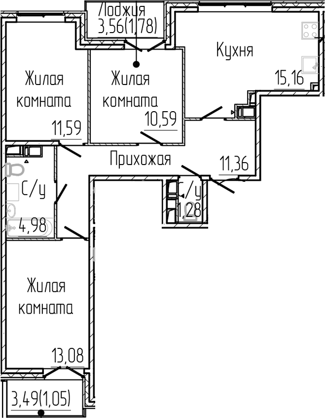 3-комнатная квартира 70.87 м², 6/8 эт., ЖК «SERTOLOVO PARK»